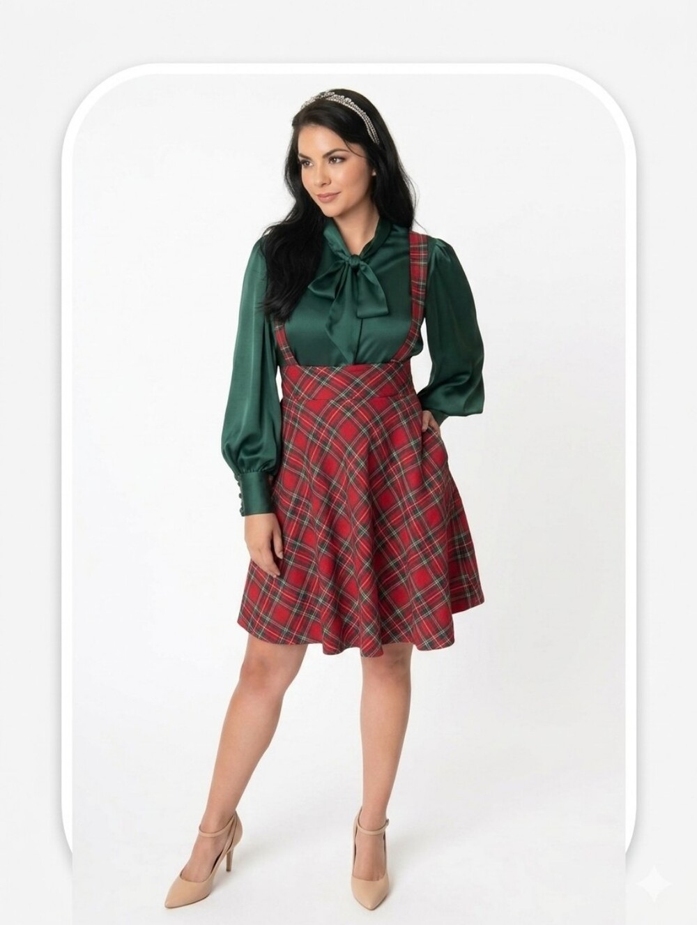 UNIQUE VINTAGE 1960's Style Red Plaid Suspenders Ruth Flare Skirt - Picture 3 of 14